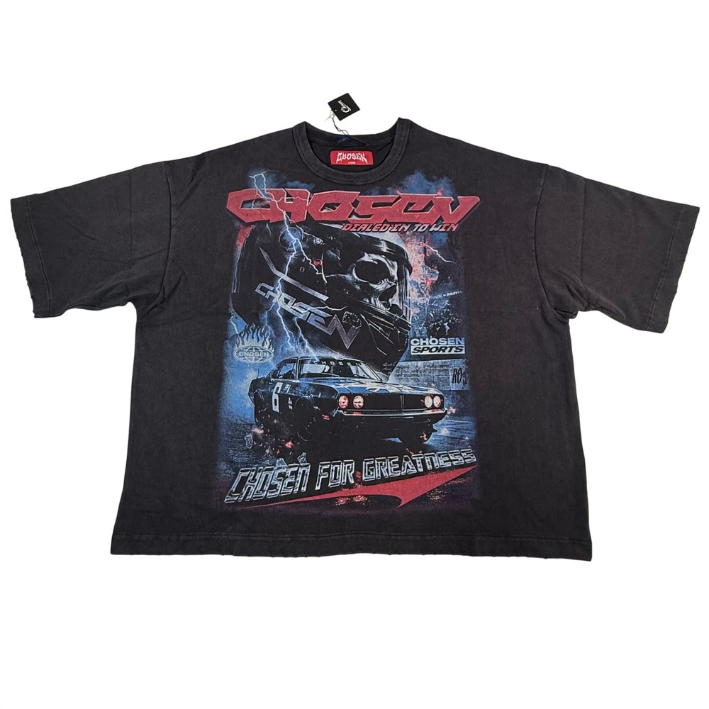 Chosen Sports Washed Black Graphic Tee Racing Skull Muscle Car Oversized Large